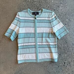 St. John Sport Women’s S Mint Green Striped Knit Zip Top with Embroidery